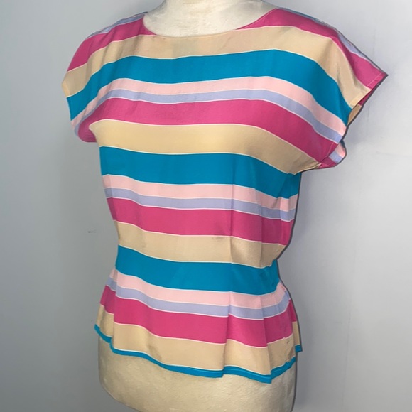 Avon Fashion Vintage stripe 100% silk pleated back button blouse size 3/4 (S/M) - Picture 1 of 11